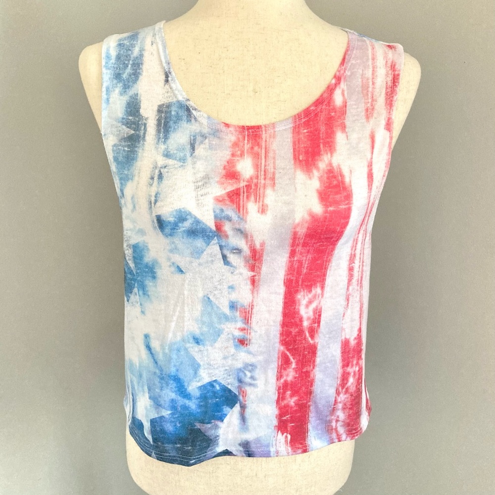 Rue 21 Tie Dye Stars and Stripes American Flag Cropped Muscle Tank Top